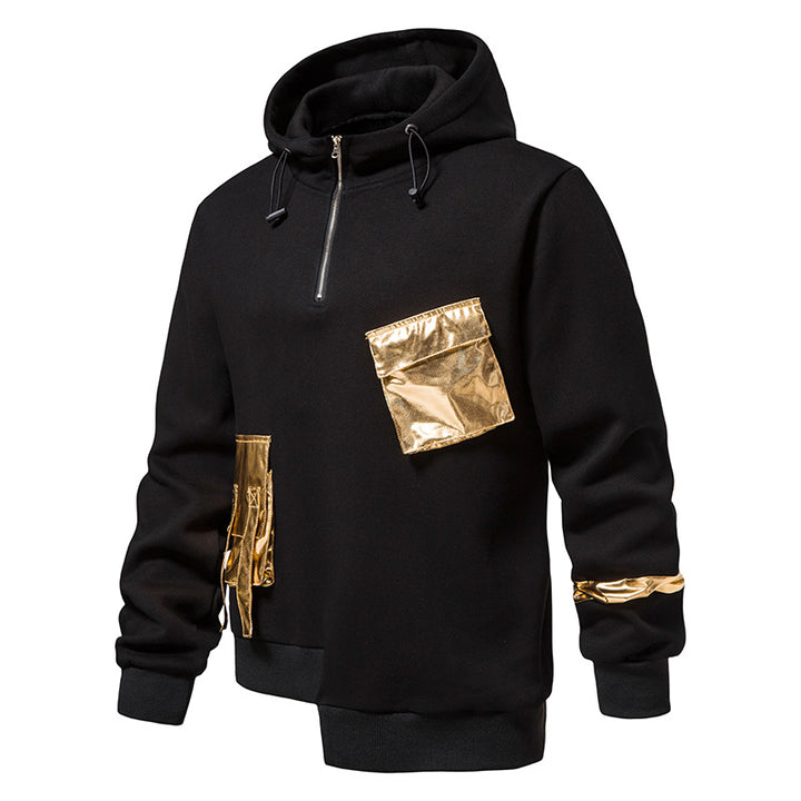 A Maramalive™ Men's Loose Dark Hoodie with a half-zip, gold pockets on the chest and side, and gold trim on the left sleeve, made from durable polyester fiber.