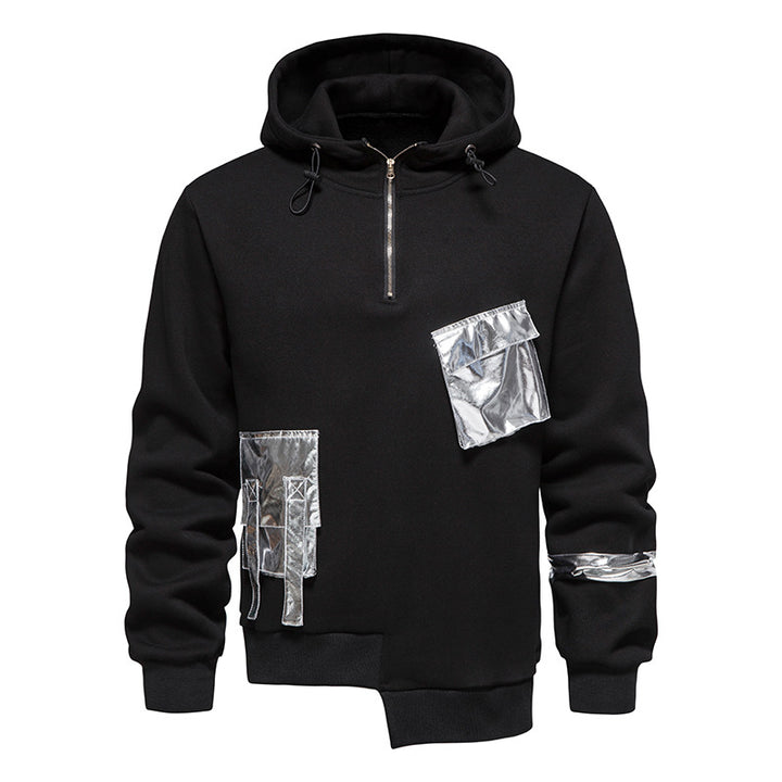 A long sleeve black Maramalive™ Men's Loose Dark Hoodie crafted from polyester fiber, featuring a front zipper, metallic silver patches, and additional drawstring details.