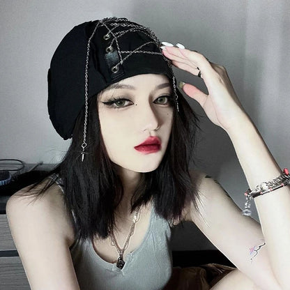 Deep Black Color Cool Gothic Punk Hat Female Cross Autumn And Winter Hat Female Girl Accessories Cap