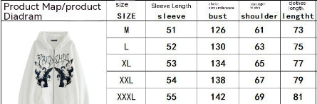 Image of a sizing chart for a Men's Skeleton Zipper Hooded Sweatshirt with sleeve length, bust circumference, shoulder width, and clothing length for sizes M, L, XL, XXL, and XXXL. A Maramalive™ Men's Skeleton Zipper Hooded Sweatshirt with a graphic is displayed to the left of the chart.