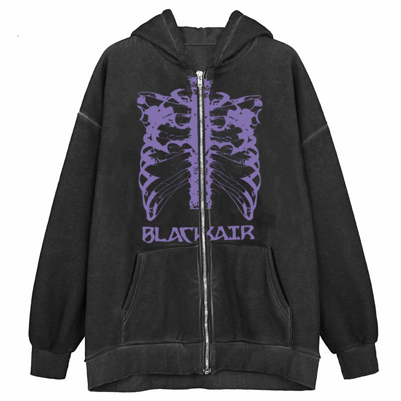 Men's Skeleton Zipper Hooded Sweatshirt featuring a black zip-up design with a striking purple ribcage graphic and "Maramalive™" boldly printed on the front, perfect for a punk rock look.