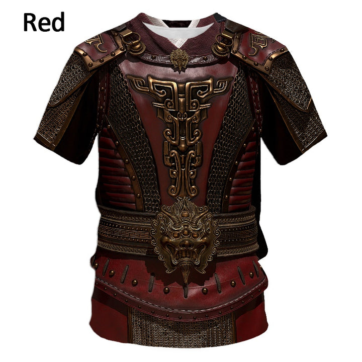 Red short-sleeve pullover shirt designed with intricate patterns, resembling medieval armor with elaborate details and decorative elements, made from durable Polyester Fiber. This is the Design Logo3D Digital Printing Men's T-shirt Round Neck Short Sleeve by Maramalive™.