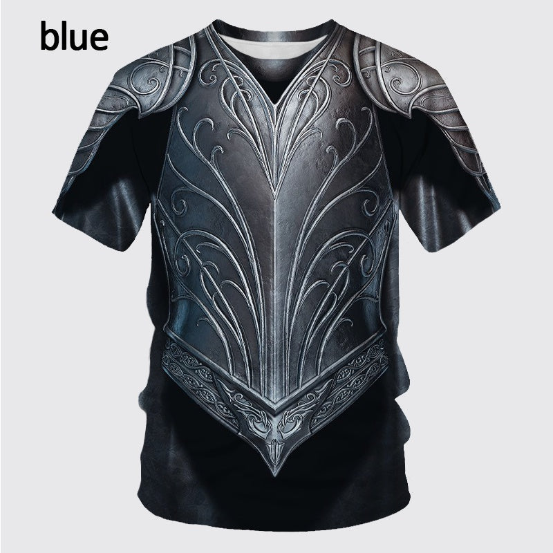 A Maramalive™ Design Logo3D Digital Printing Men's T-shirt Round Neck Short Sleeve with a blue background, featuring an ornate silver armor design on the front and made from breathable bird eye cloth.