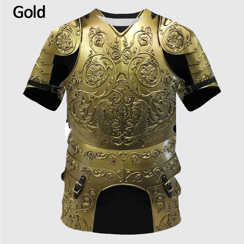 A gold-colored pullover t-shirt designed to resemble intricately decorated medieval armor, featuring detailed patterns and emblematic motifs, made from durable polyester fiber for a comfortable fit. The Maramalive™ Design Logo3D Digital Printing Men's T-shirt Round Neck Short Sleeve.