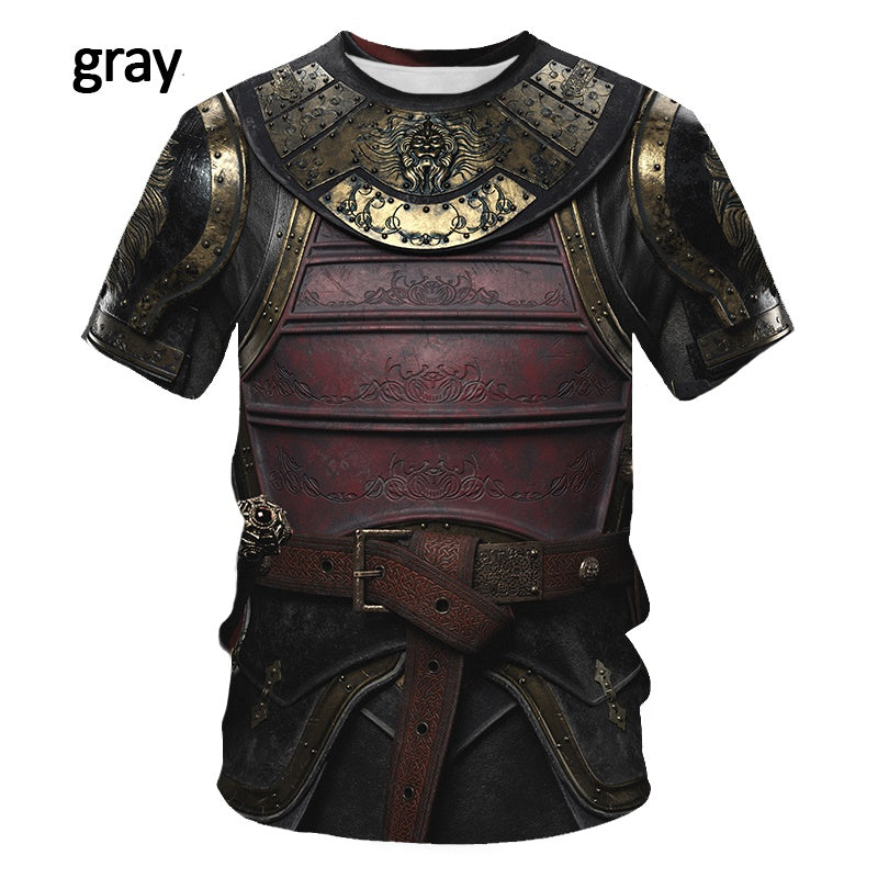 A short-sleeve pullover t-shirt crafted from durable Polyester Fiber, printed with a medieval armor design. It features a detailed breastplate, leather belt, and shoulder guards. "Gray" text in the top left corner adds a modern touch to this timeless look. Introducing the Design Logo3D Digital Printing Men's T-shirt Round Neck Short Sleeve by Maramalive™.