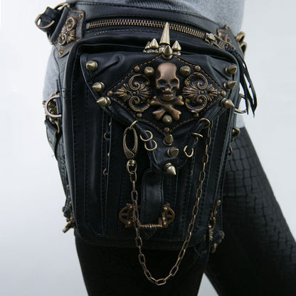 A woman is holding a Maramalive™ Steampunk Locomotive Bag Shoulder Messenger Bag Female Mobile Phone Waist Bag with skulls and chains.