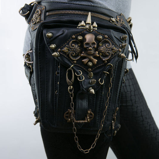 A woman is holding a Maramalive™ Steampunk Locomotive Bag Shoulder Messenger Bag Female Mobile Phone Waist Bag with skulls and chains.