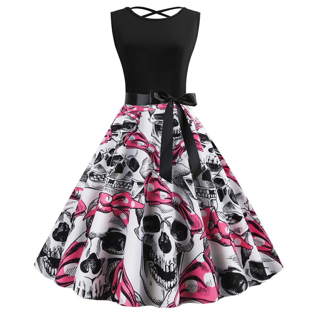 A retro rockabilly style dress with a lace-up bodice featuring skulls: Title: Trick or Treat Temptress Halloween sleeveless print dress from Maramalive™.