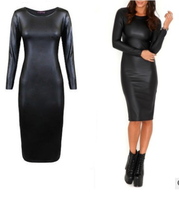 Two pictures of a woman wearing a European and American nightclub dress faux leather long sleeve round neck to knee bag hip tight pencil skirt, featuring a Maramalive™ PU texture.