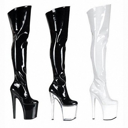 Three pairs of Maramalive™ high heel patent leather thigh boots, featuring a waterproof platform.
