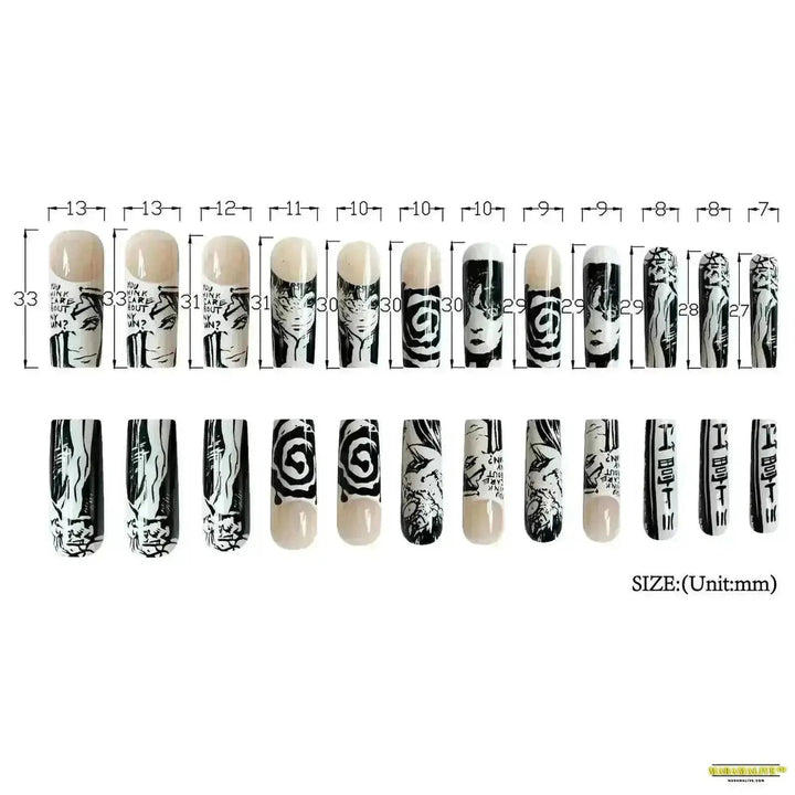 24PCS Almond Horror Manga Gothic Style Black & White Anime Nail Art - Press on Unique Japanese Comics Pattern Fake Nails