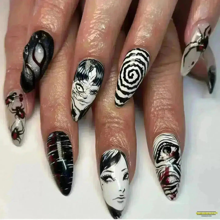 24PCS Almond Horror Manga Gothic Style Black & White Anime Nail Art - Press on Unique Japanese Comics Pattern Fake Nails