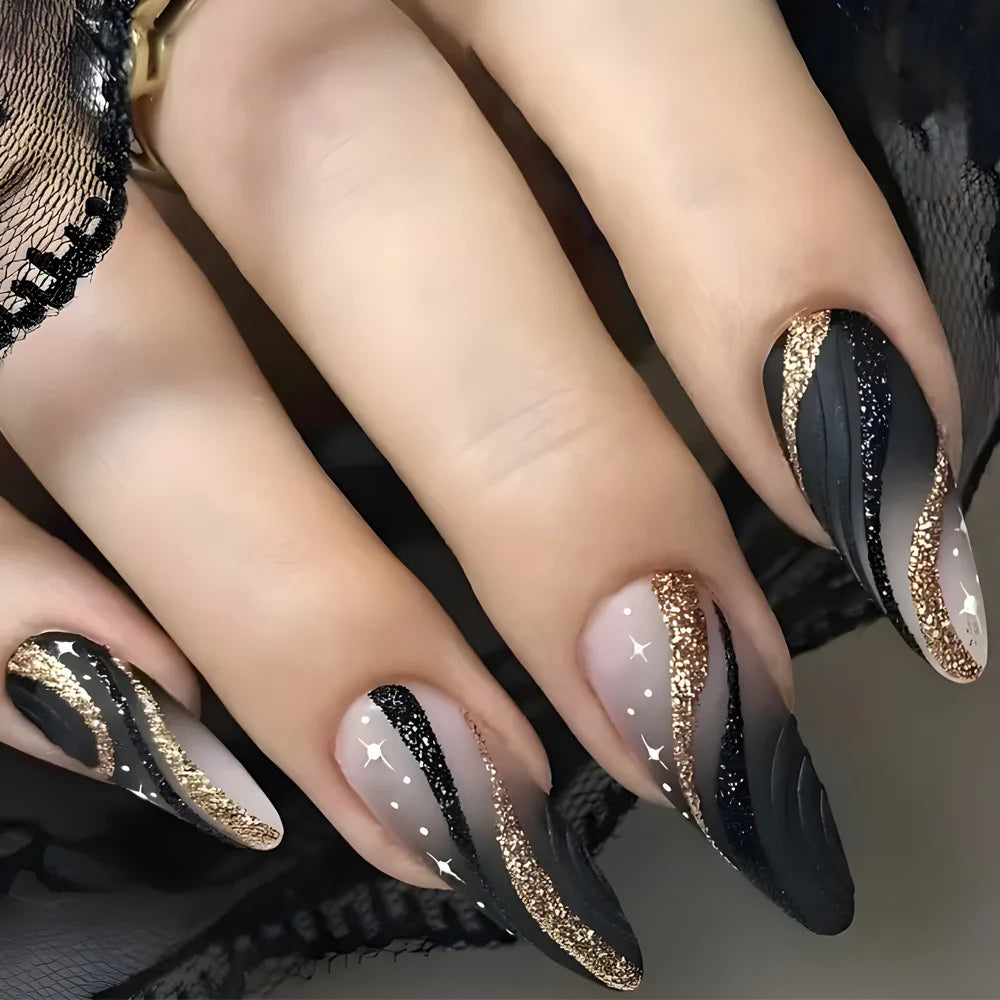 24Pcs Black Y2k Diamond Halloween Long Almond False Nails with Butterfly Design - Gothic Oval Press-on Nail Tips