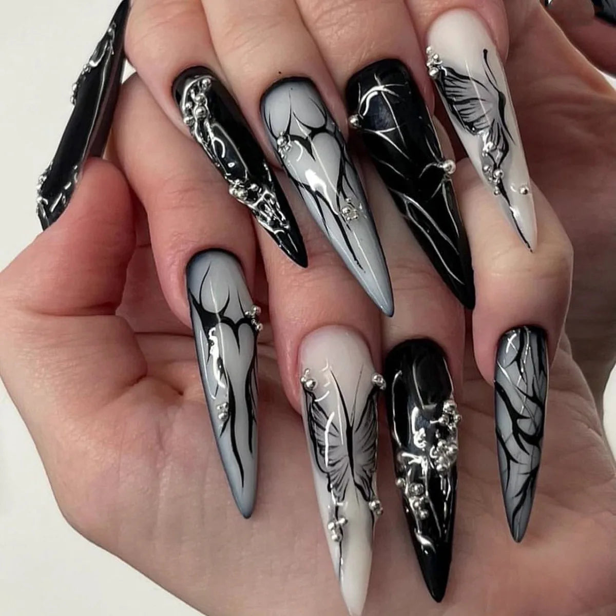 24Pcs Black Y2k Diamond Halloween Long Almond False Nails with Butterfly Design - Gothic Oval Press-on Nail Tips