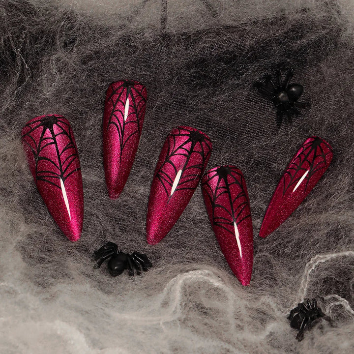 24Pcs Halloween Glitter Red False Nails - Spider Web Design Long Almond Press on Full Cover Nail Tips