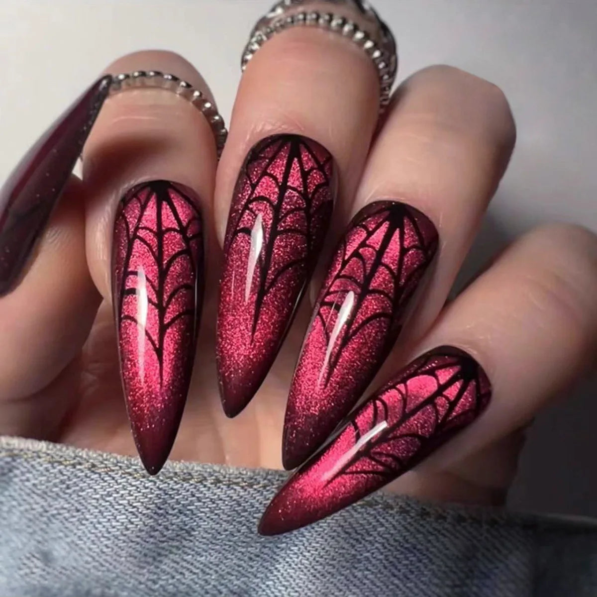 24Pcs Halloween Glitter Red False Nails - Spider Web Design Long Almond Press on Full Cover Nail Tips