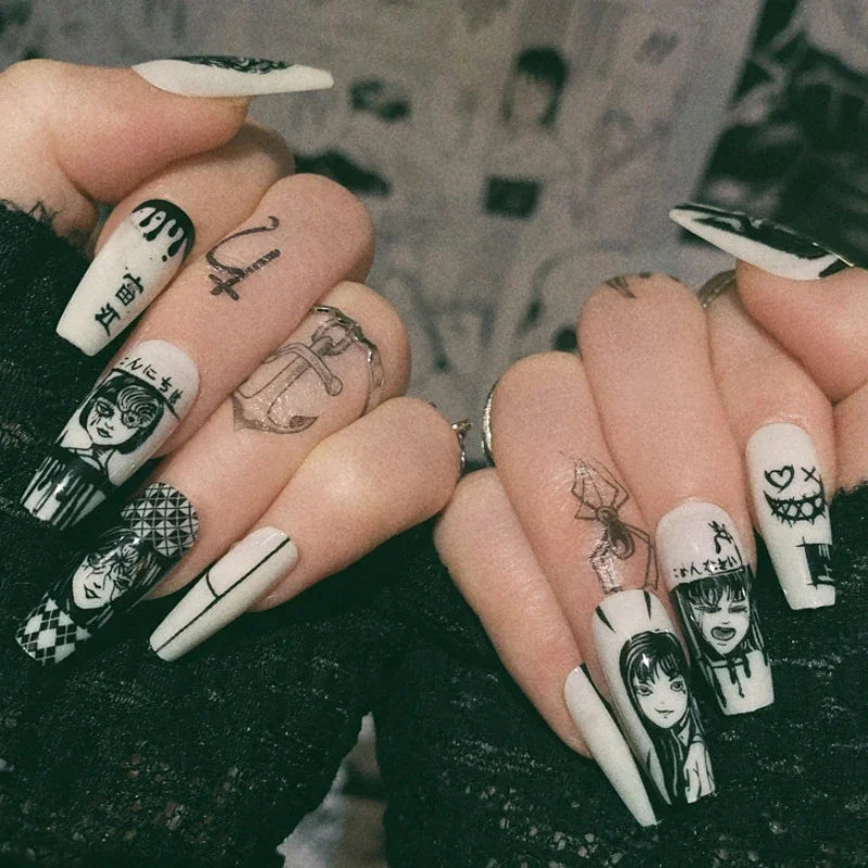 24Pcs Horror Comic Halloween False Nail Tomie Press on Nails Almond Glossy Black Japanese Anime Nails Reusable Tips for Girls