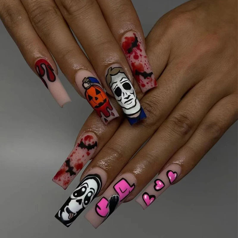 24Pcs Horror Comic Halloween False Nail Tomie Press on Nails Almond Glossy Black Japanese Anime Nails Reusable Tips for Girls