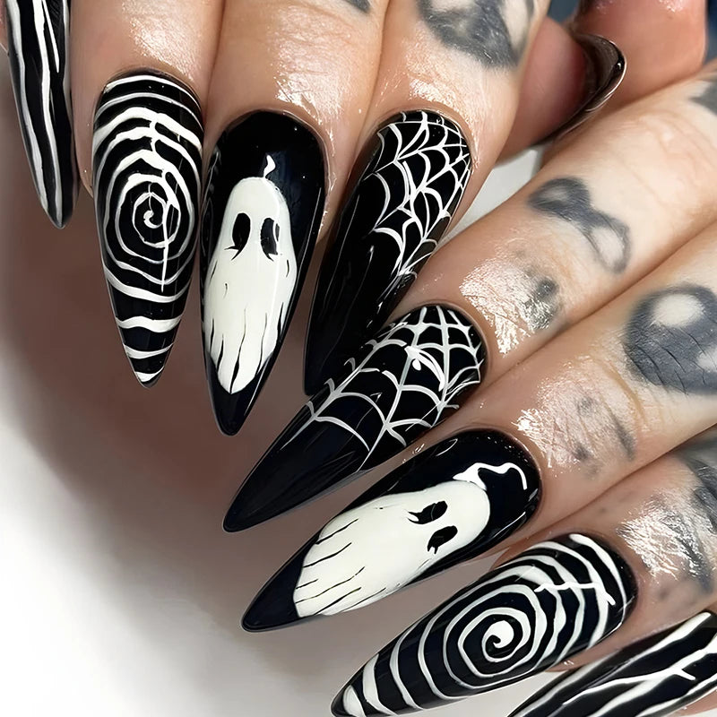 24Pcs Horror Comic Halloween False Nail Tomie Press on Nails Almond Glossy Black Japanese Anime Nails Reusable Tips for Girls