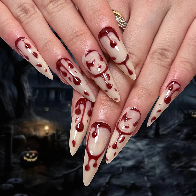 24Pcs Horror Comic Halloween False Nail Tomie Press on Nails Almond Glossy Black Japanese Anime Nails Reusable Tips for Girls