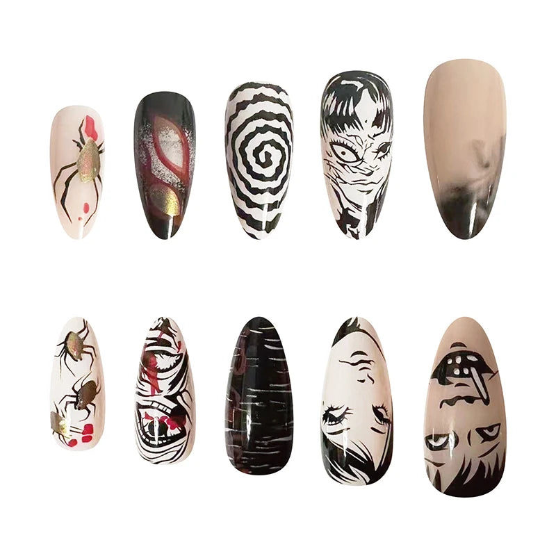 24Pcs Horror Comic Halloween False Nail Tomie Press on Nails Almond Glossy Black Japanese Anime Nails Reusable Tips for Girls