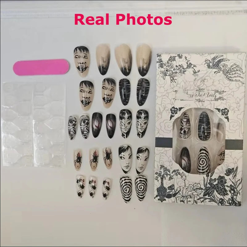 24Pcs Horror Comic Halloween False Nail Tomie Press on Nails Almond Glossy Black Japanese Anime Nails Reusable Tips for Girls