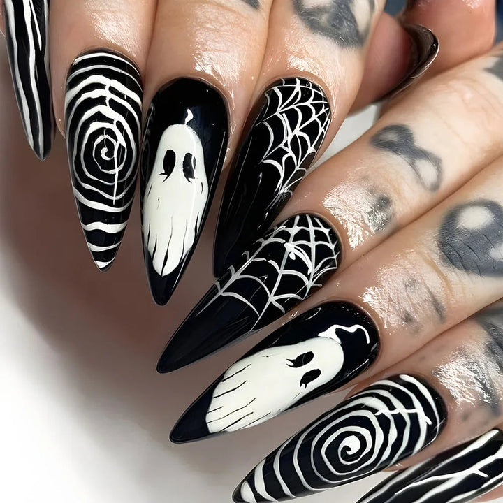 24Pcs Horror Comic Tomie Press on Nails Almond Glossy Black Japanese Anime Nails Reusable Halloween False Nail Tips for Girls