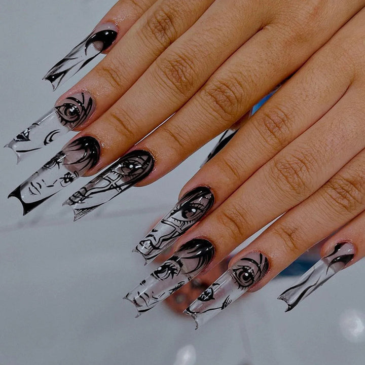 24Pcs Horror Comic Tomie Press on Nails Almond Glossy Black Japanese Anime Nails Reusable Halloween False Nail Tips for Girls