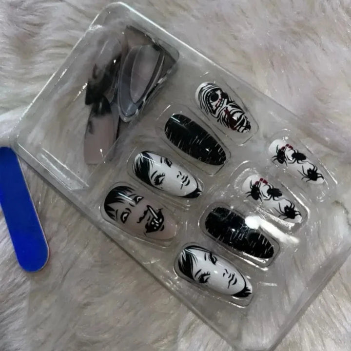 24Pcs Horror Comic Tomie Press on Nails Almond Glossy Black Japanese Anime Nails Reusable Halloween False Nail Tips for Girls