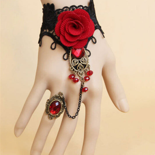 Womens Vintage Lace Red Rose Bracelet