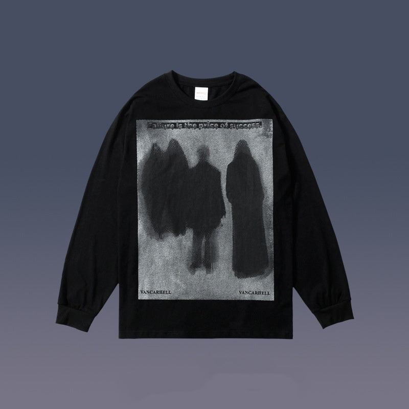 Men's Dark Abstract Printing Long-sleeved T-shirt by Maramalive™ in cotton fabric featuring a grayscale image of four hooded figures with text "What is the price of success?" above them and "VANGARELLI" below the image, set against a gradient background.