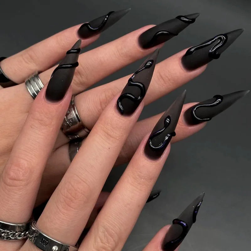 24pcs 3D Black Snake Super Long Pointy Halloween Dark Scrub Fake Nails Set - Gothic y2k Nails