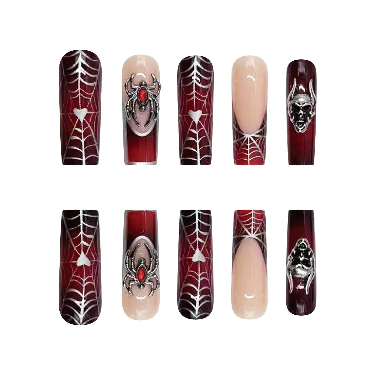 24pcs French Black Press-On Nails, Punk Style 3D Spider Skull Design, Mysterious Y2K Halloween Style, Cool Black & Red Tone