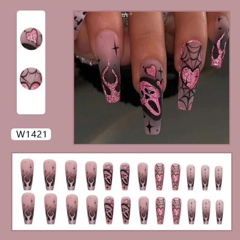 24pcs Glitter Pink Sequin Halloween Fake Nails - Scary Skull Love Heart Pattern - Glamorous Gothic Artificial Nail Patch Set