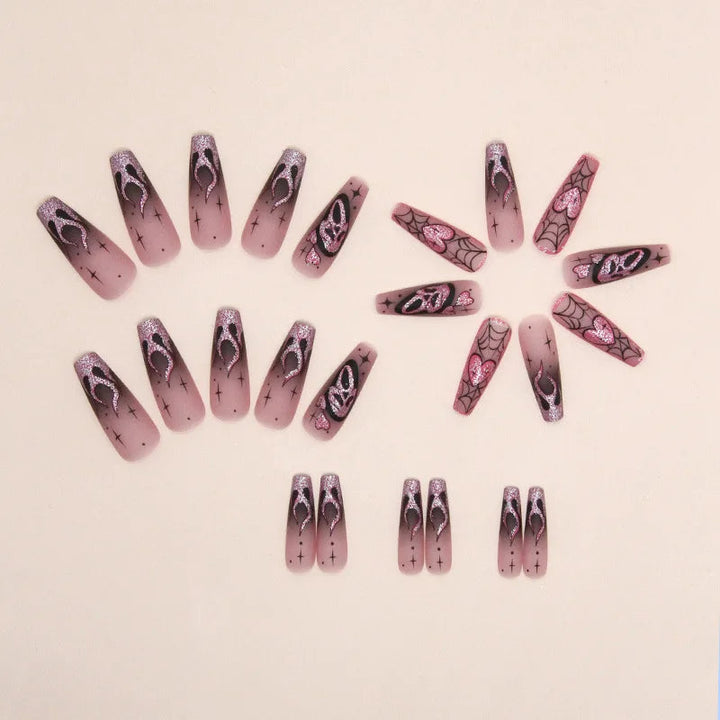 24pcs Glitter Pink Sequin Halloween Fake Nails - Scary Skull Love Heart Pattern - Glamorous Gothic Artificial Nail Patch Set