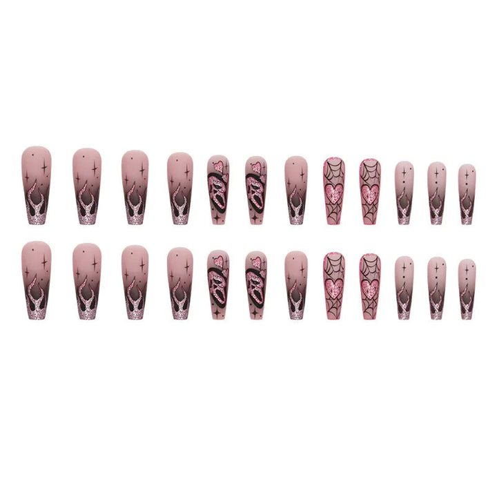 24pcs Glitter Pink Sequin Halloween Fake Nails - Scary Skull Love Heart Pattern - Glamorous Gothic Artificial Nail Patch Set