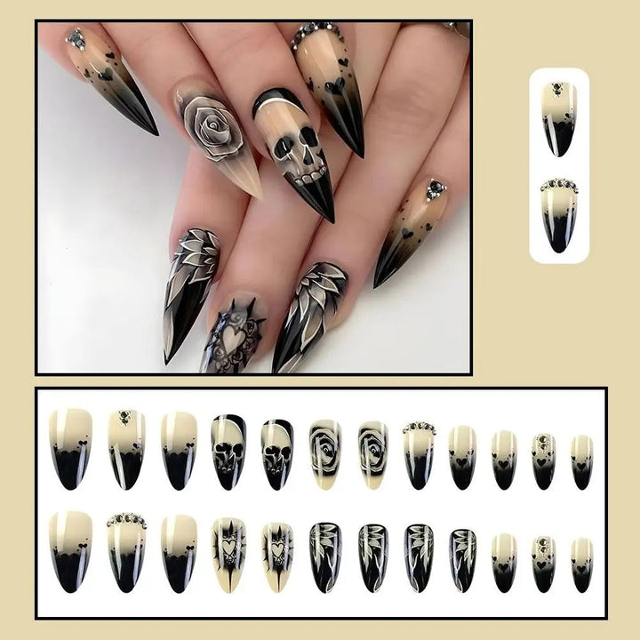 24pcs Gothic Rose Rhinestone Halloween Skull Fake Nails - Detachable, Full Cover, Wearable Long Length Press on Nails