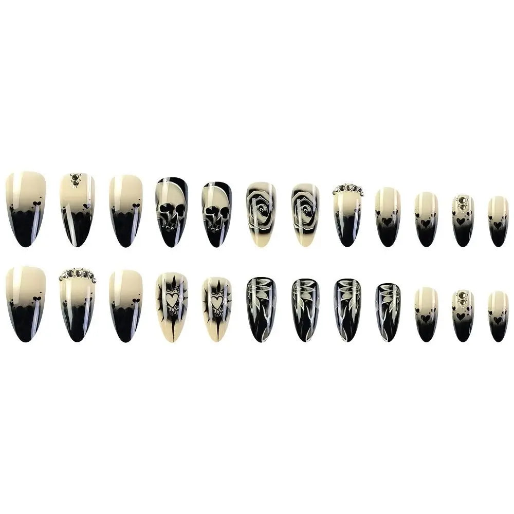 24pcs Gothic Rose Rhinestone Halloween Skull Fake Nails - Detachable, Full Cover, Wearable Long Length Press on Nails