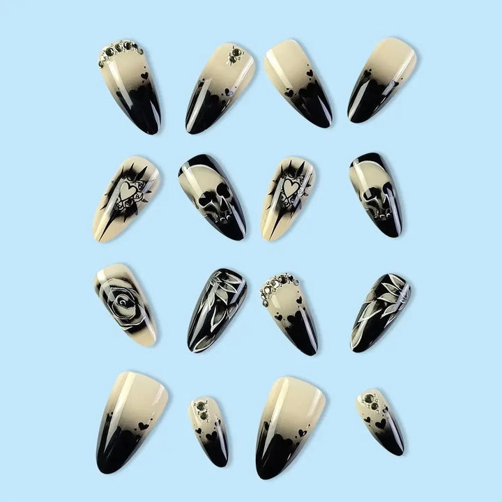 24pcs Gothic Rose Rhinestone Halloween Skull Fake Nails - Detachable, Full Cover, Wearable Long Length Press on Nails