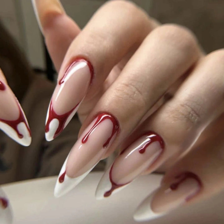 24pcs Gradient Blood Red Long Pointed Halloween False Nail Sets - Gothic Style Makeup and Costume Accessory