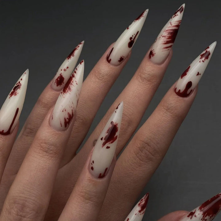 24pcs Gradient Blood Red Long Pointed Halloween False Nail Sets - Gothic Style Makeup and Costume Accessory