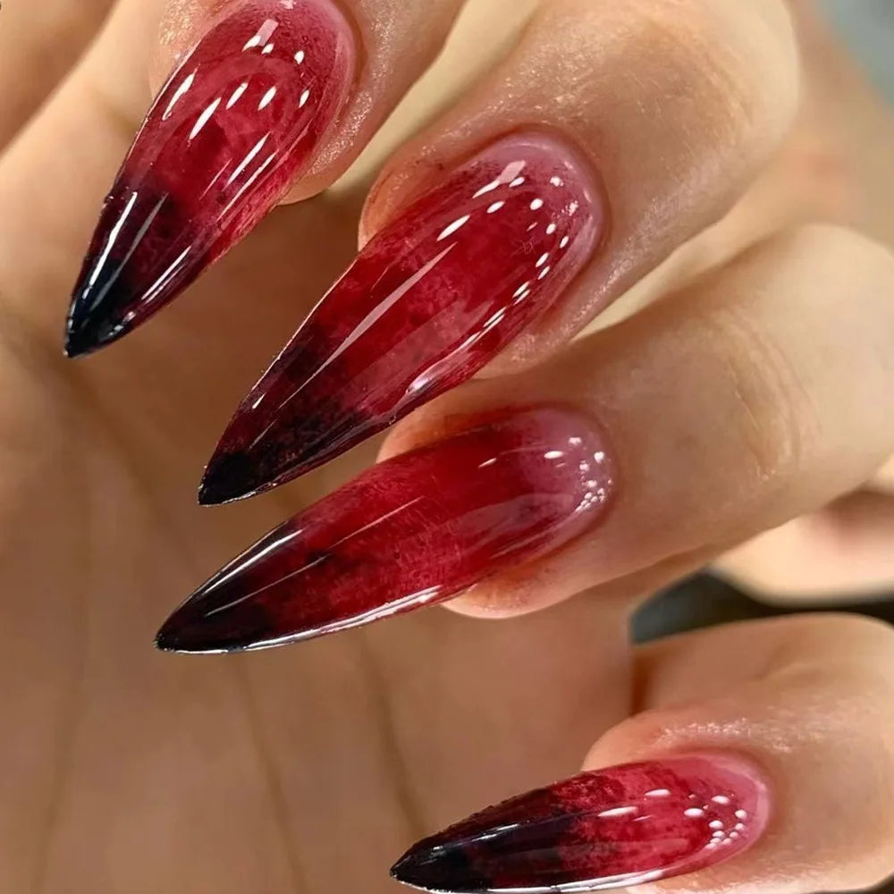 24pcs Gradient Blood Red Long Pointed Halloween False Nail Sets - Gothic Style Makeup and Costume Accessory