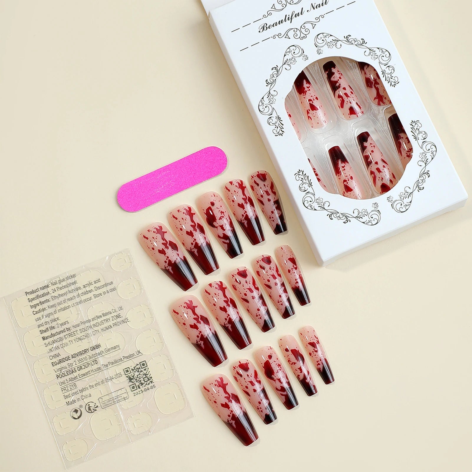 24pcs Halloween Blood Drops Gradient False Nails - Super Long Ballerina-Style Fingernail Manicure Art Decoration