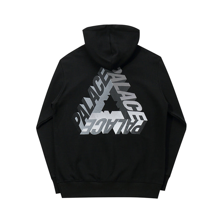 Black Maramalive™ Phantom hoodie with hood and no drawstrings, featuring a large, reflective "Palace" text logo in a triangular design on the back. Perfect for hip hop enthusiasts and youth fashion trends, this piece is an ideal choice for autumn and winter.