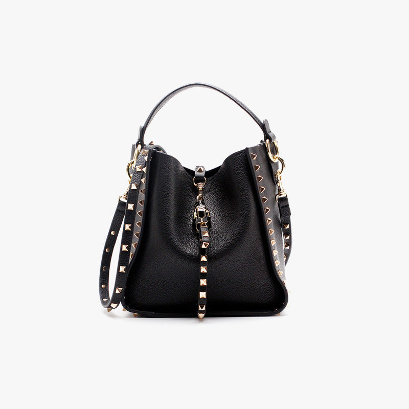 Studded handbag leopard head shoulder soft cowhide mother bag bucket bag