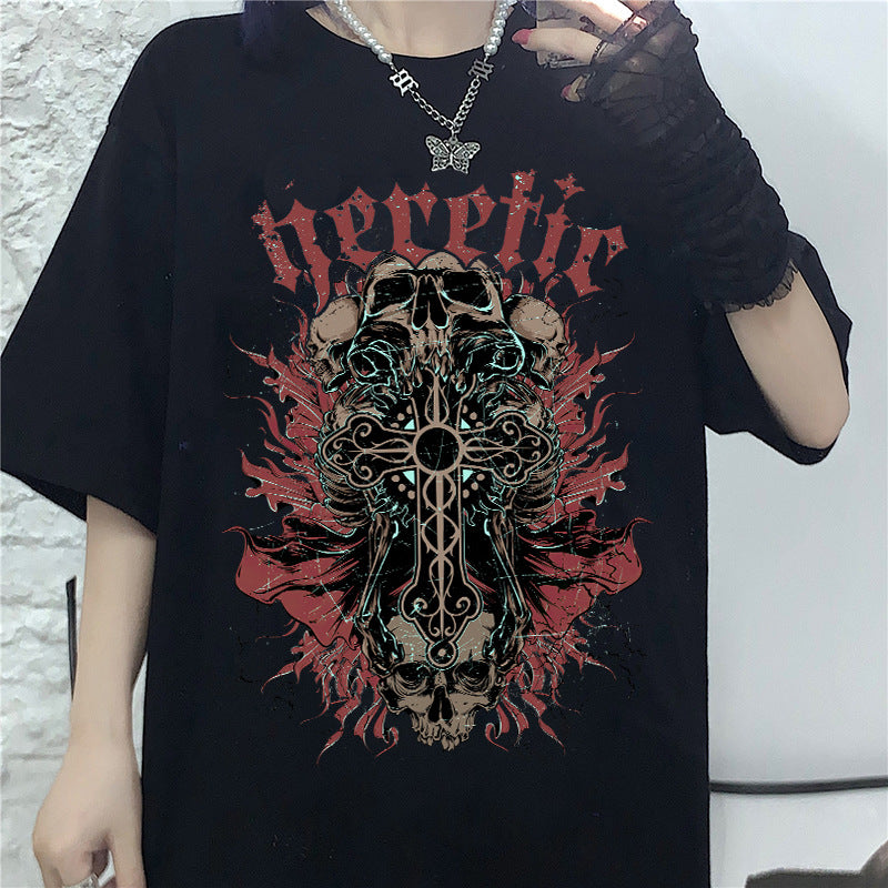 A man wearing a Maramalive™ Men And Women Gothic Style Print Round Neck Loose T-shirt Short Sleeve with a skull print.