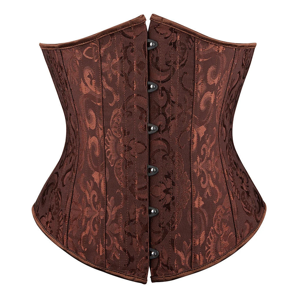 26 Steel Bone Jacquard Underbust Corset - Black White Brown - Steampunk Cupless Bustier Top - Gothic Victorian Vintage Women's Fashion