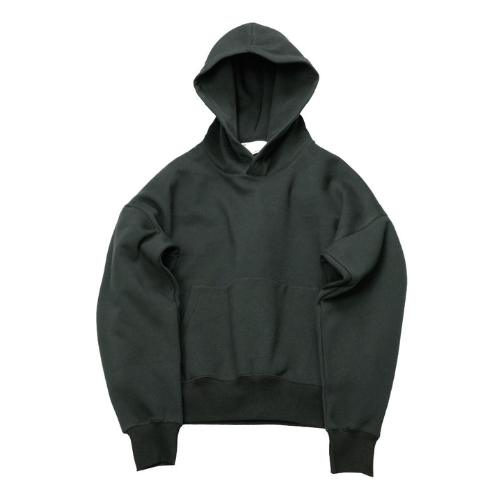 A dark green Hooded Hoodie by Maramalive™ with long sleeves and a front pouch pocket, laid flat on a white background.
