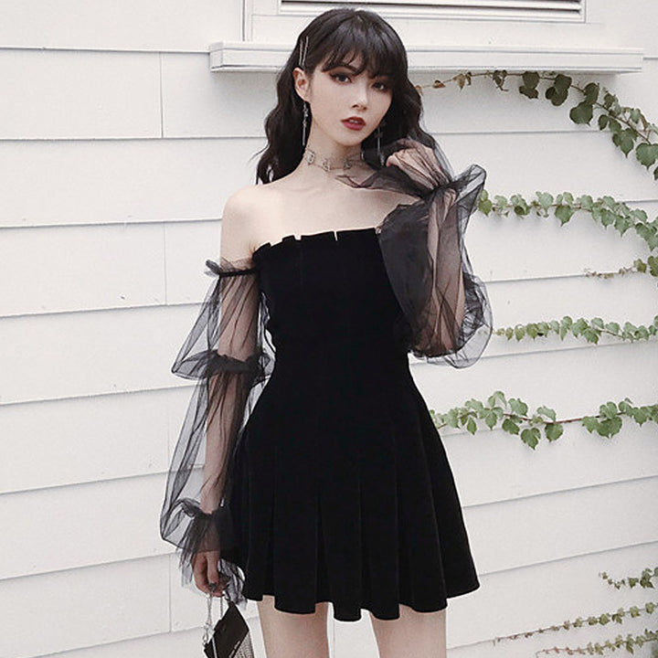 A Vintage Gothic Dress Strapless Lantern Sleeve Velvet Patchwork Mesh Dark Black with a ruffled sleeve by Maramalive™.