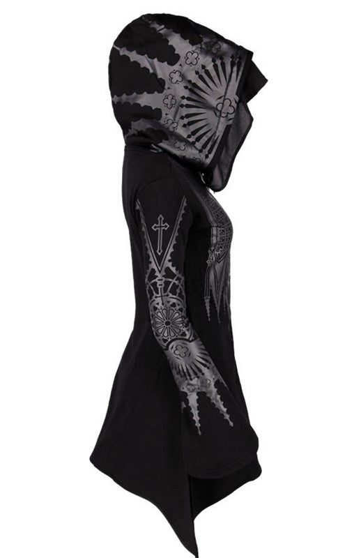 Side view of a Maramalive™ Halloween Cosplay Hoodie Women's Punk Black Long Hooded Printed Sweater with intricate gray patterns and designs on the hood, sleeves, and front. The polyester fabric top features an asymmetrical hemline and flared sleeves for added style.